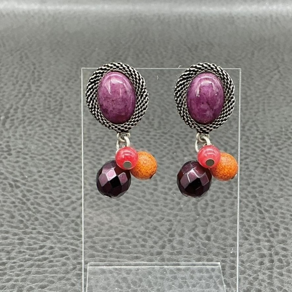 Chico's Purple Beaded Dangle Drop Post Earrings Silver Tone Orange Pink Beads
